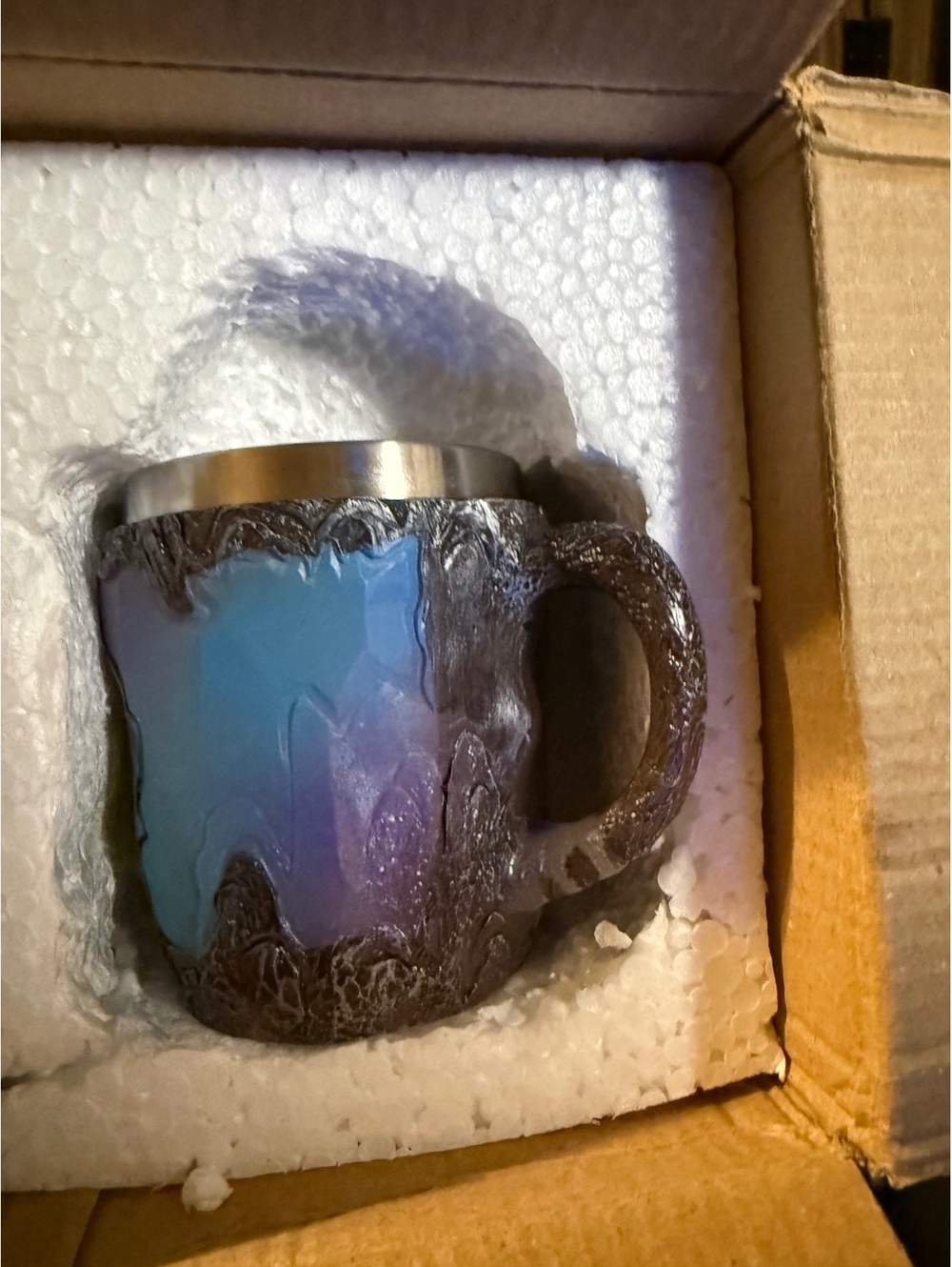 Handcrafted Decorative Stainless Steel and Resin Mug with Leaf Design